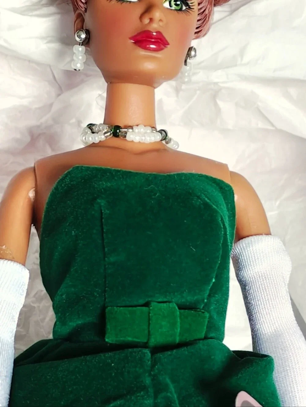 Velvet 'N' Bows Charice Doll By MiKelman #10699 Red Hair,  Green & Ivory Gown
